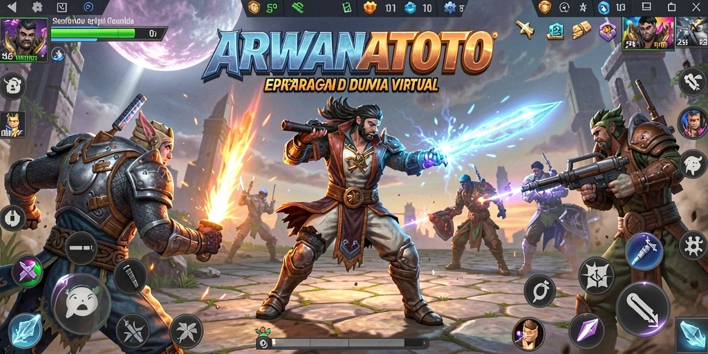 Tangkapan layar ARWANATOTO menampilkan pertarungan dinamis dan karakter beragam.