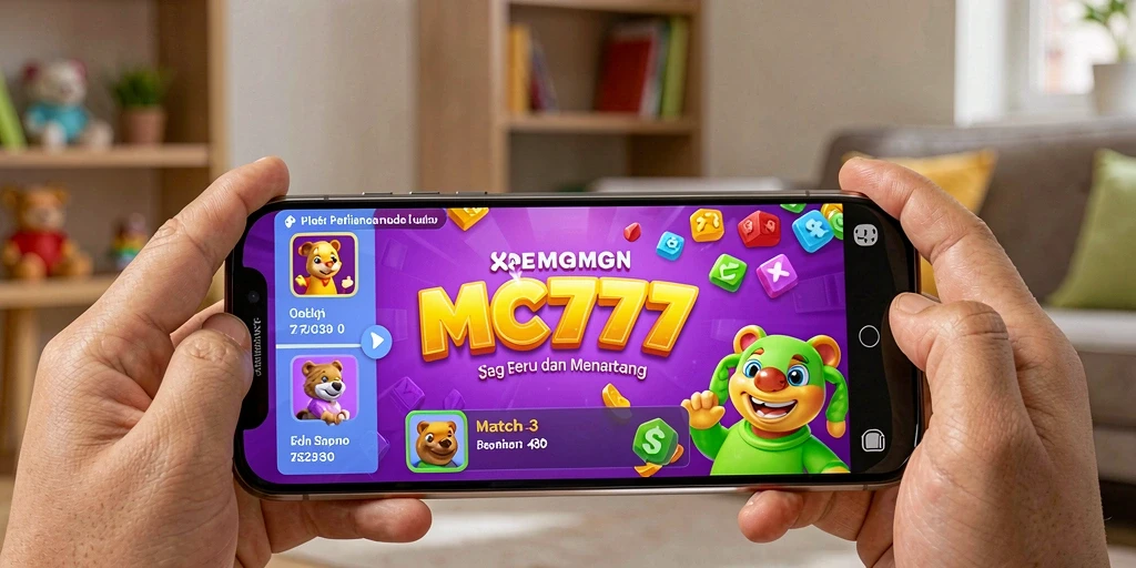 Screenshot menampilkan gameplay seru Match-3 MC777 dengan batu permata berwarna-warni.